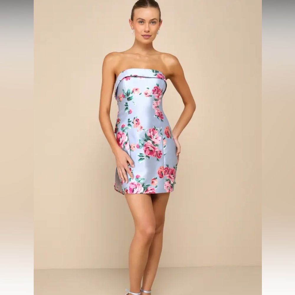 NWT Lulus Light Blue Floral Taffeta Strapless Bow Mini Dress